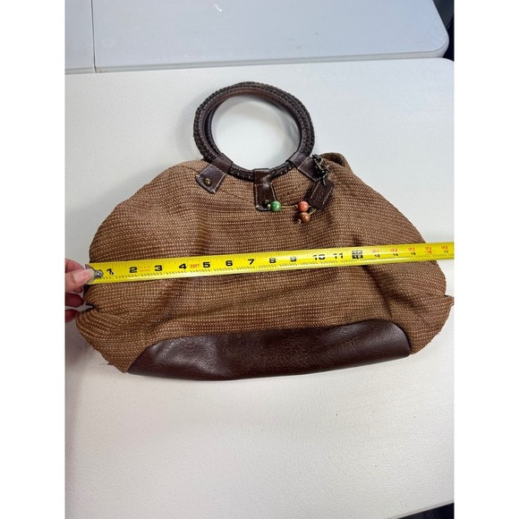 Fossil Brown Woven Circle Handle Satchel Bag Charm‎ Floral Interior - Picture 2 of 12
